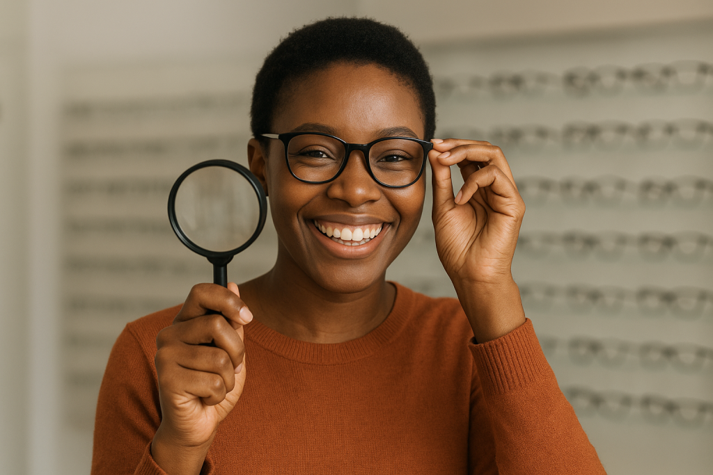 Opti Eyewear assists patient with low vision by handing them a hand-held magnifier.